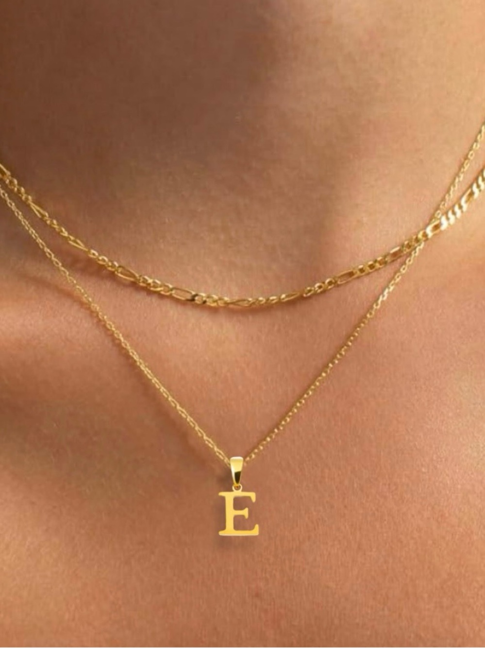 Classic Gold Block Letter Initial Charm Necklace, “E” Pendant, Stainless Steel